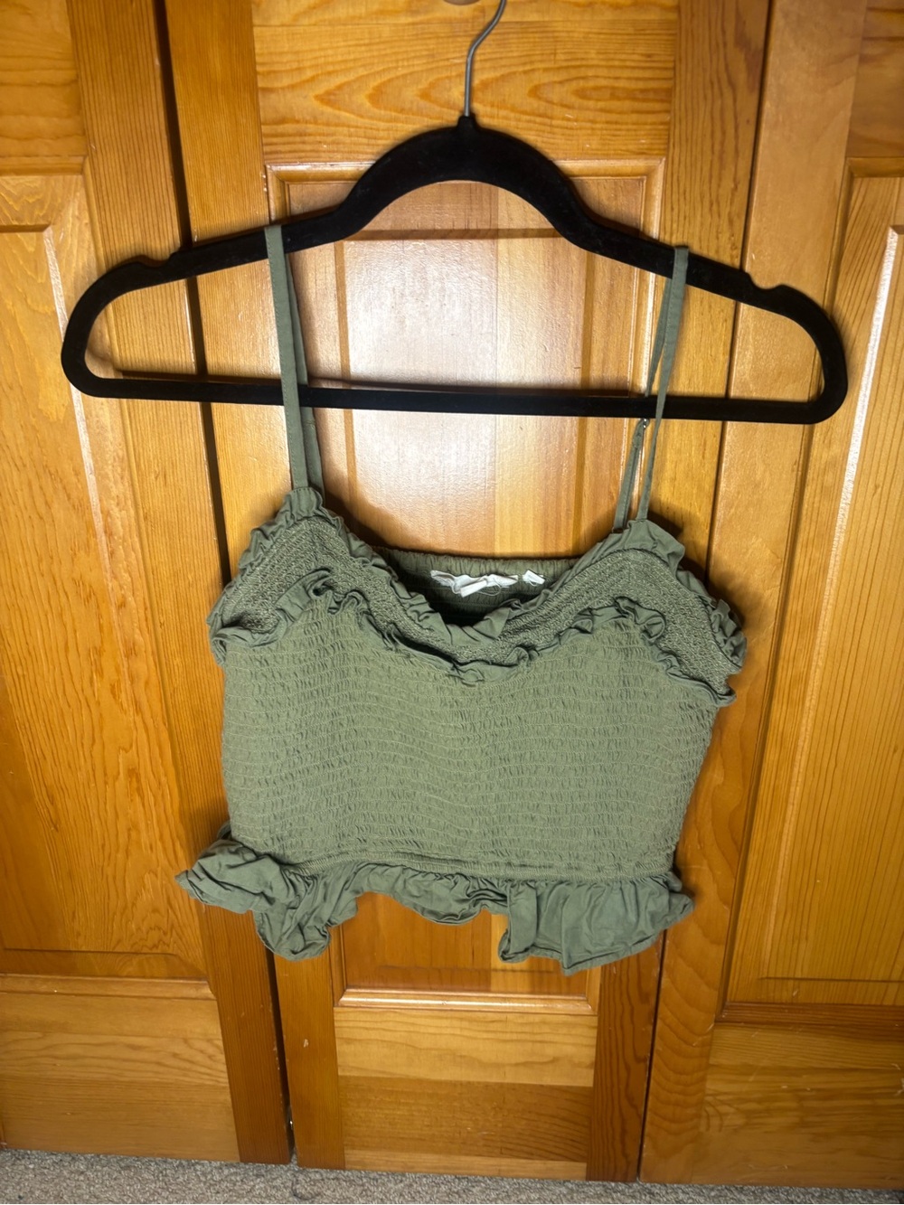 Smocked Olive Ruffle Crop Cami with Thin Straps